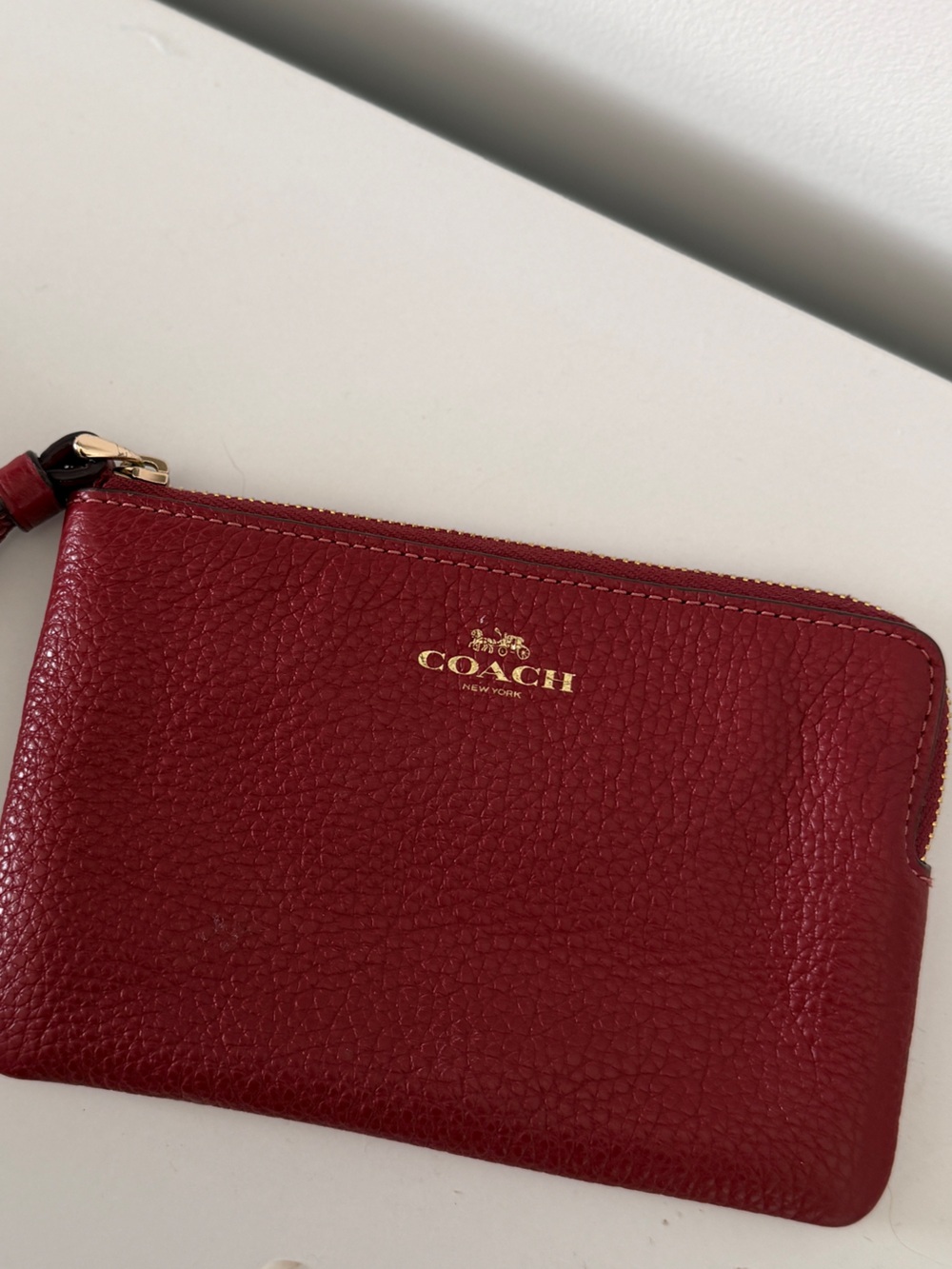 Coach Red Pebbled Leather Zip Wristlet with Gold Logo